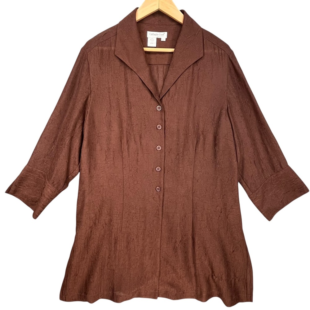 Coldwater Creek Textured Brown Blouse Button Front‎ Sleeve Tunic Top Large